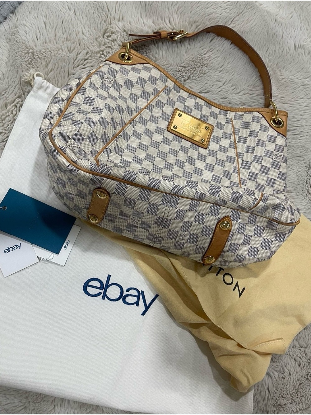 Louis Vuitton Damier Azur Canvas Shoulder Bag with Tan Leather Trim - Picture 2 of 5